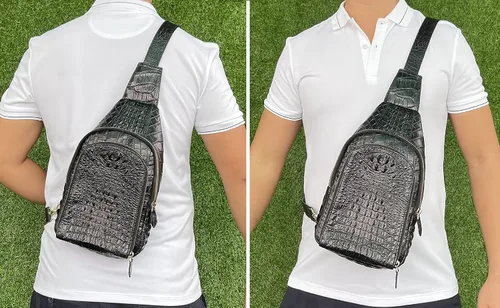 Vista 3 de Alligator Bolso cruzado de cuero para hombre, bolso de hombro para hombre, mochila pequeña para hombre, paquete elegante, Negro, M