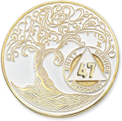 Vista 42 de 1 año Sobriety Mint Twisted Tree of Life Medallón de recuperación AA chapado en oro, chip/ficha - negro