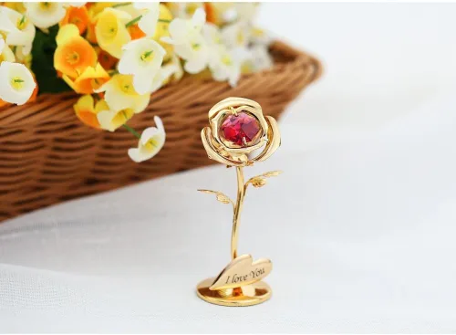 Vista 7 de Matashi I Love You Rose Flower - Adorno de mesa chapado en oro de 24 quilates con cristales rojos Arreglo floral de metal Cumpleaños, regalos