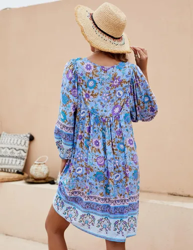 Vista 5 de Bluetime - Vestido informal de verano para mujer, estilo bohemio, cuello en V, manga 34, babydoll con estampado floral, vestido suelto para la playa