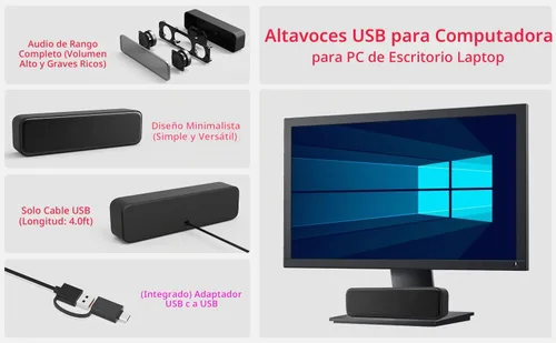 Vista 2 de Altavoces de computadora para PC de escritorio, altavoces externos para laptop, mini barra de sonido de computadora para PC, altavoces con conexión