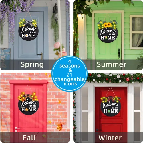 Vista 2 de Señal intercambiable de bienvenida a casa, decoración de puerta delantera con 4 coronas de temporada y 21 iconos intercambiables, colgador de madera