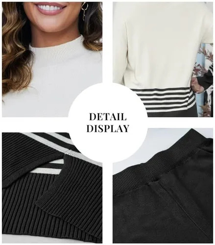 Vista 3 de ELLENWELL Casual Sweater Sets Women 2 piece Outfits Long Sleeve Striped Pullover Top Wide Leg Pants Matching Lounge Sets