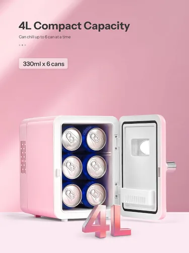 Vista 2 de Reemix Mini nevera, 4L/6 latas, enfriador portátil retro para uso doméstico de 120 V y 12 V CC, refrigerador para el cuidado de la piel para Rosa