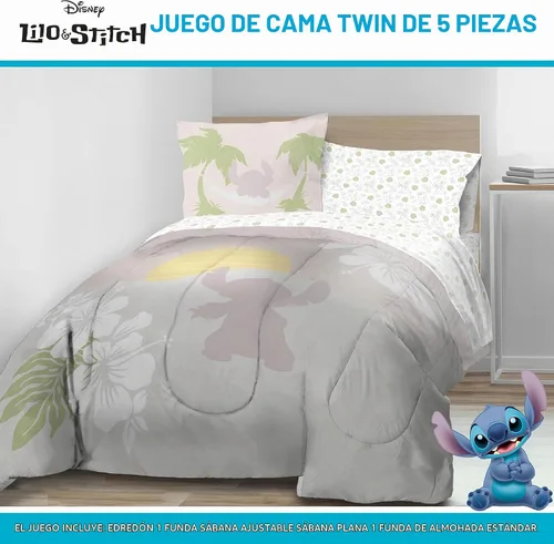 Vista 2 de Jay Franco Disney Lilo and Stitch - Juego de edredón tamaño Twin, ropa de cama de 5 piezas, incluye juego de sábanas y fundas de almohada, ropa
