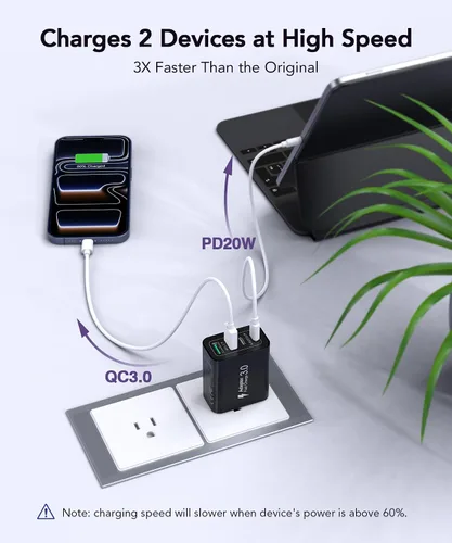 Vista 3 de Bloque de cargador USB C de 40 W, paquete de 2 ladrillos de carga rápida de 4 puertos tipo C, adaptador de enchufe de pared dual PD&QC, ladrillo