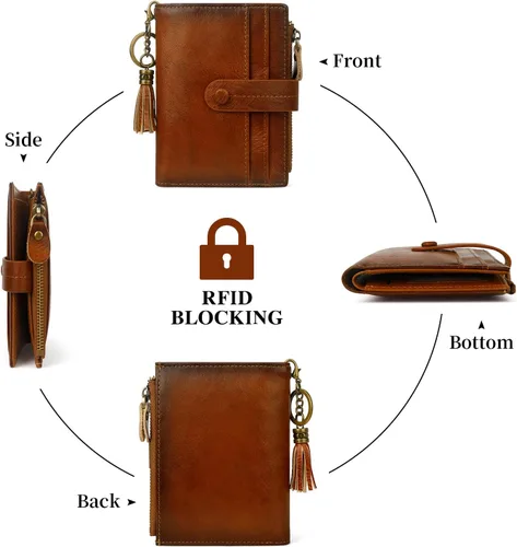Vista 5 de Billetera de cuero para mujeres, billetera pequeña con bloqueo RFID para mujeres, billetera compacta de dos pliegues con tarjetero, ventana