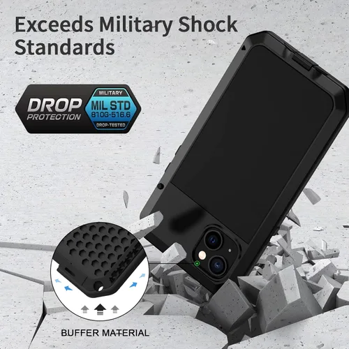 Vista 3 de Lanhiem Funda de metal para iPhone 14, resistente a los golpes, con protector de pantalla de vidrio integrado, 360º cuerpo completo a prueba de Negro