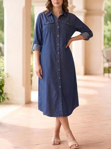 Vista 7 de Kuraki Vestido camisero casual con estampado y botones en la parte delantera para mujer Mezclilla