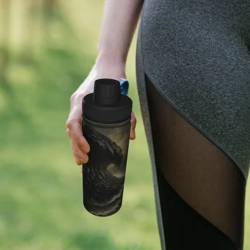 Vista 7 de Botella de agua aislada con estampado de tsunami de obsidiana, de acero inoxidable de 18 onzas, divertida taza de viaje, a prueba de fugas