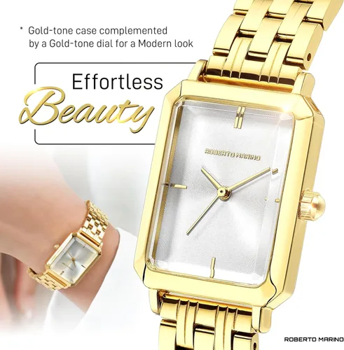 Vista 4 de Roberto Marino RM1982 Reloj de Lujo para Mujer Rectangular en Oro Movimiento de Cuarzo Japonés, Diseño Vintage de Acero Inoxidable, Esfera