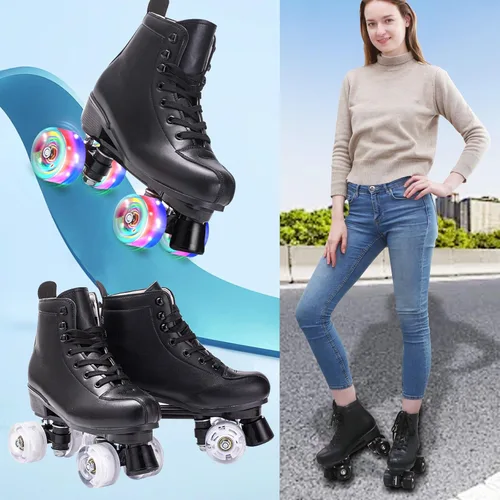 Vista 3 de Patines para mujer y hombre de caña alta en negro, de cuero sintético clásico, patines de doble fila ajustables para interiores y exteriores