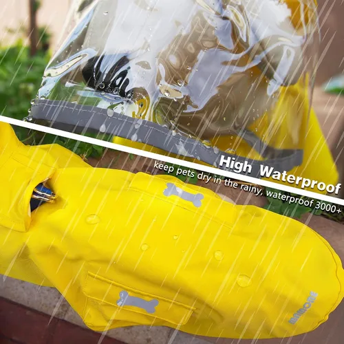Vista 5 de Impermeable para perro con poncho con capucha, chaqueta de lluvia amarilla ajustable de alto reflejo, con agujero para correa para perros pequeños