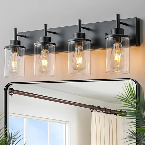 Vista 8 de GoYeel Accesorios de iluminación de tocador, aplique de pared negro mate de 3 luces negras con pantalla de vidrio transparente para dormitorio