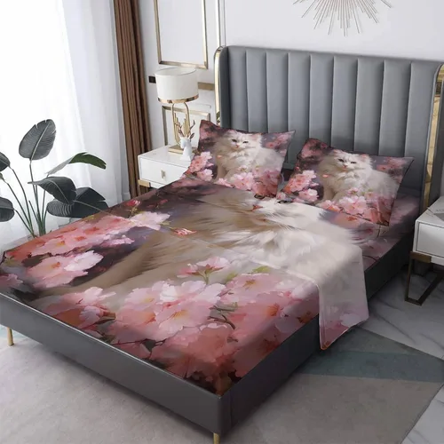 Vista 9 de Juego de sábanas de tamaño individual para gatos, sábanas de microfibra suave, bolsillo profundo, sábanas y fundas de almohada estampadas sin