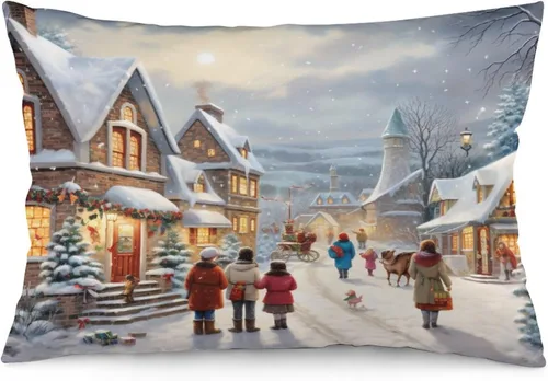 Vista 28 de Funda de almohada con escena de pueblo navideño con niños, fundas de almohada de 12 x 20 pulgadas, almohadas decorativas de Navidad para sofá, funda