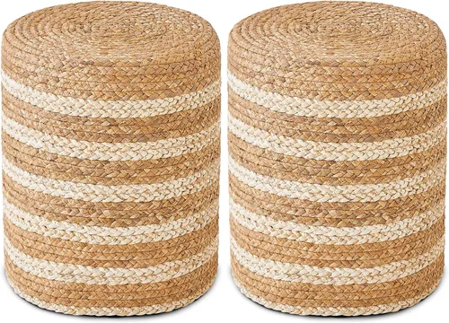 Vista 14 de Wimarsbon 2 puf otomanos, taburete de hierba marina natural, otomana redonda tejida a mano, asiento decorativo bohemio, puf trenzado de yute