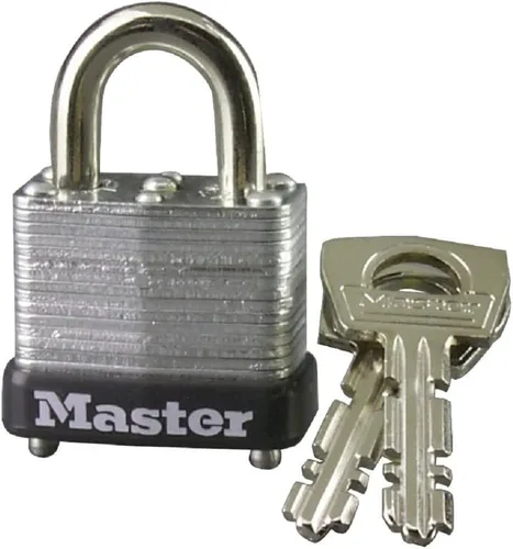 Vista 2 de Master Lock Candado laminado plateado para exteriores con llaves, cerradura de grillete ajustable extendida extra larga para puerta, valla