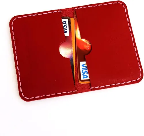 Vista 2 de Cartera de cuero genuino tarjetero MinimalistFolding Card Case Bolsillo frontal Paquete de tarjetas de artesanía rojo