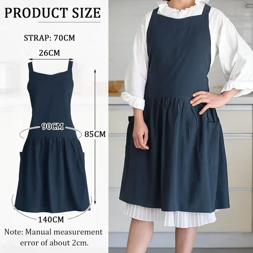 Vista 5 de Vestido tipo delantal de lino de algodón con espalda cruzada para mujer con bolsillos para cocinar y limpiar - Delantal cruzado - Azul - con lazos