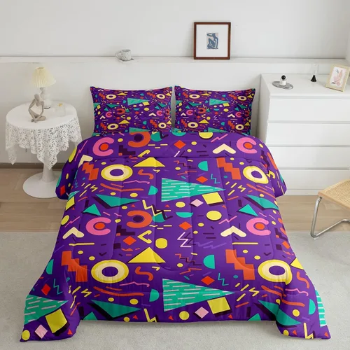 Vista 17 de Juego de edredón de estilo retro de los años 80, juego de ropa de cama de patrón geométrico abstracto, diseño urbano moderno con círculos