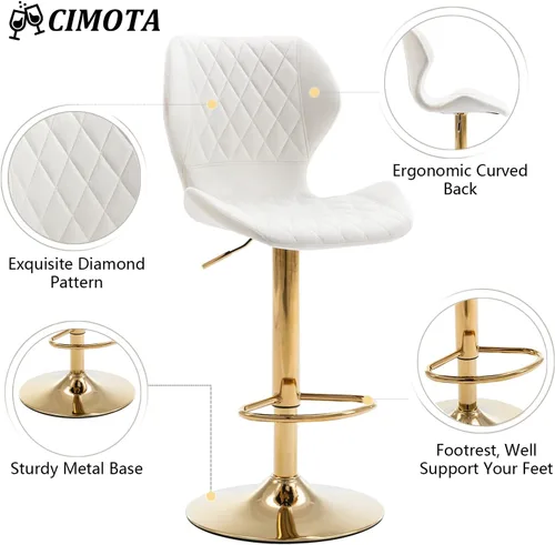 Vista 4 de CIMOTA Juego de 2 taburetes de bar giratorios de terciopelo blanco, sillas de bar de altura de mostrador con respaldo/base dorada, silla moderna