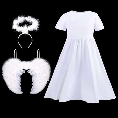 Vista 2 de Juego de 3 disfraces de ángel para niños y niñas, vestido de hada, alas de plumas de ángel y halo para fiesta de cumpleaños de Halloween, Blanco