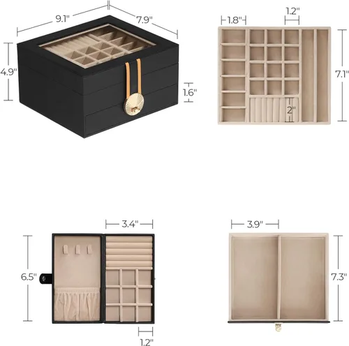 Vista 6 de Hzuaneri Joyero de 3 capas, organizador de joyas con tapa de vidrio, 1 soporte individual para joyas, 1 cajón, estuche de joyería de piel sintética