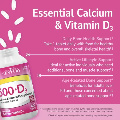 Vista 3 de 21st Century Tableta de suplemento de calcio Plus D, 600 mg, 400