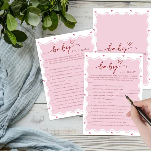 Vista 3 de Tarjetas de juego de peleas familiares para baby shower con tarjeta de respuesta, juegos de baby shower rosa para 30 invitados, tarjetas