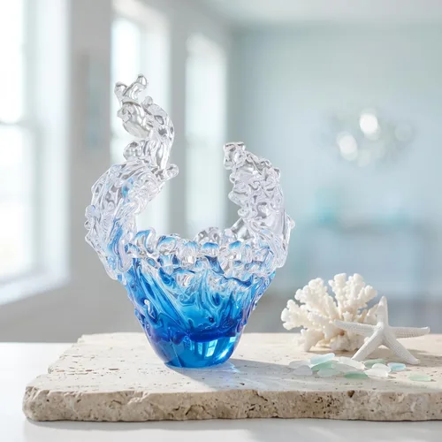 Vista 6 de suruim Figuras de escultura de onda de vidrio soplado a mano, cuenco de vidrio azul y transparente para decoración del hogar, figura de vidrio