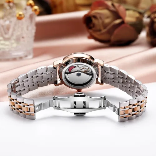 Vista 3 de CARLIEN Relojes mecánicos automáticos de acero inoxidable para mujer, correa de cuero, esfera de esqueleto de perla, impermeable, reloj de pulsera