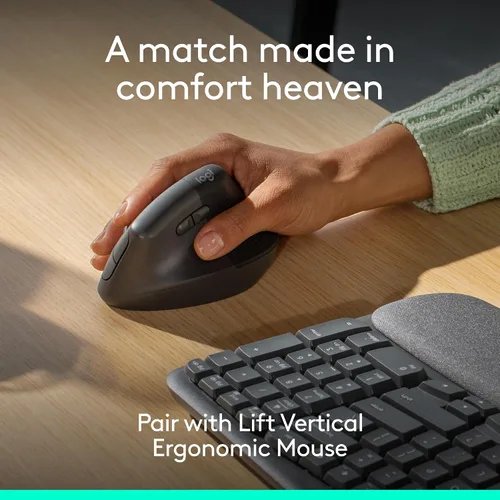 Vista 8 de Logitech Wave Keys - Teclado inalámbrico ergonómico con reposamanos, color grafito Para una postura de escritura natural, conecta hasta 3