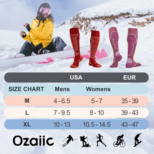Vista 3 de Calcetines de esquí de lana merino para hombre y mujer, 2 pares para esquí, snowboard, térmicos hasta la rodilla, calcetines de rendimiento