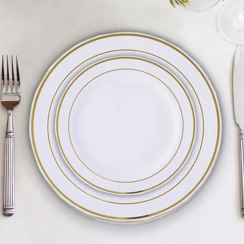 Vista 14 de Efavormart - Paquete de 50 platos redondos de postre de plástico Très Chic de 6 pulgadas con borde dorado