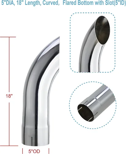 Vista 2 de Tubo de escape cromado de 5" de diámetro, 18" de longitud curvado, parte inferior acampanada con ranura