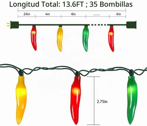 Vista 2 de Guirnalda de luces de Navidad de chile de 13.6 pies con 35 chiles calientes multicolor blanco cálido, luces incandescentes de pimienta