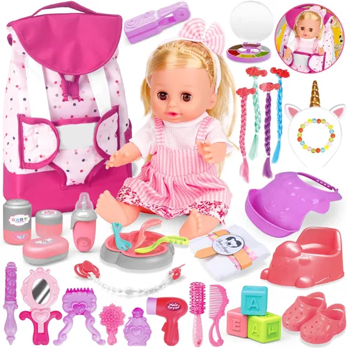 Vista 9 de Juego de juguetes para muñecas de bebé, juguetes de muñeca de 14", juego de juguetes para el cuidado de las muñecas de 25 piezas, juego de muñecas