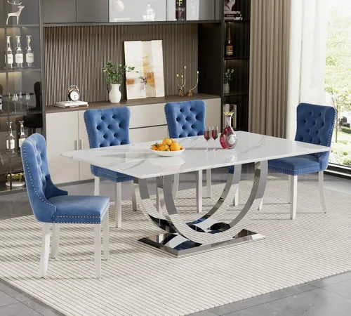 Vista 10 de HomVent Juego de mesa de comedor rectangular para 4, juego de mesa de cocina rectangular, juego de mesa de comedor de mármol sintético, juego
