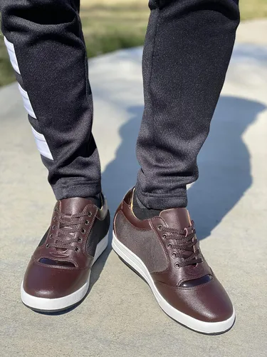 Vista 7 de TOTO Zapatos de ascensor invisibles para hombre con cordones de cuero y malla, zapatillas de deporte de moda, 3.2 pulgadas más altas, Marrón