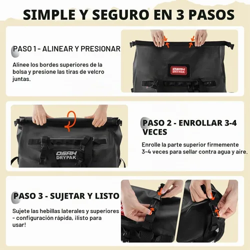 Vista 6 de Bolsa de lona impermeable 25L/40L/60L – Bolsa trasera de motocicleta resistente, bolsa seca enrollable para viajes, camping, canotaje, kayak