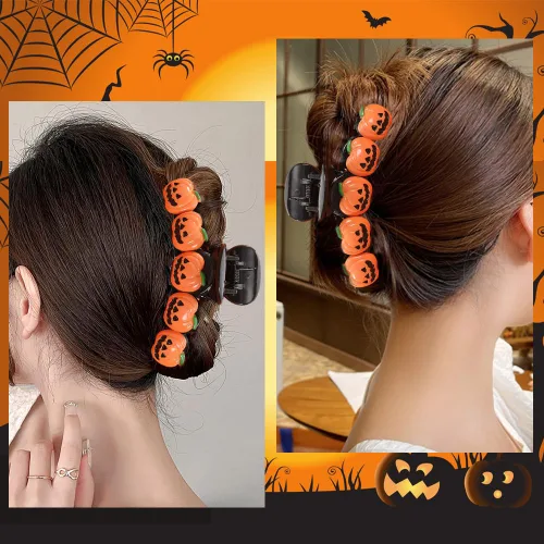 Vista 5 de 1 pinza para el cabello de Halloween para mujer, diseño divertido de calabaza sonriente, diseño exquisito, pinza de garra gruesa y fina naranja