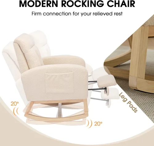 Vista 5 de NIOIIKIT Mecedora Moderna para Guardería, Mecedora Tapizada Teddy con Reposapiés, Cómoda Mecedora Deslizante con Bolsillo Lateral para Sala