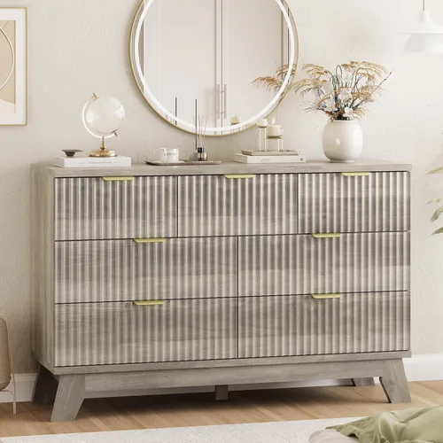 Vista 11 de Cómoda acanalada para dormitorio con 3 cajones, cómoda moderna de 24 pulgadas de ancho con mango de metal, soporte de TV de madera, armario de Negro