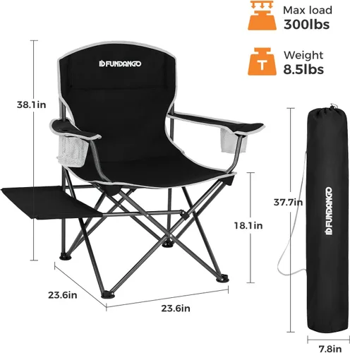 Vista 3 de FUNDANGO Silla de camping acolchada plegable, portátil con respaldo completo para exteriores, con soporte para tazas y mesa auxiliar, bolsillo Negro