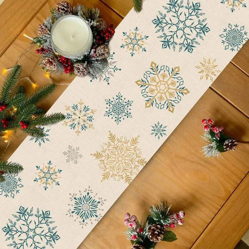 Vista 5 de Seliem Camino de Mesa de Copos de Nieve de Invierno, Bufanda de Mesa Dorada y Azul para Cocina y Hogar, Decoración Festiva de Navidad, Decoraciones