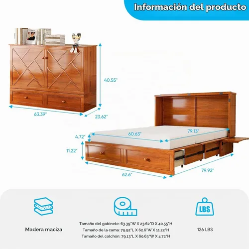 Vista 2 de Mjkone Murphy - Cama Queen con colchón incluido, cama Murphy con estación de carga USB y cajón de almacenamiento, armario móvil Murphy para sala