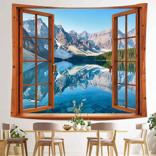 Vista 3 de Aidatain Tapiz de ventana de montaña, lago, bosque, escena, paisaje natural, para colgar en la pared, tapices grandes de franela de 84 x 90