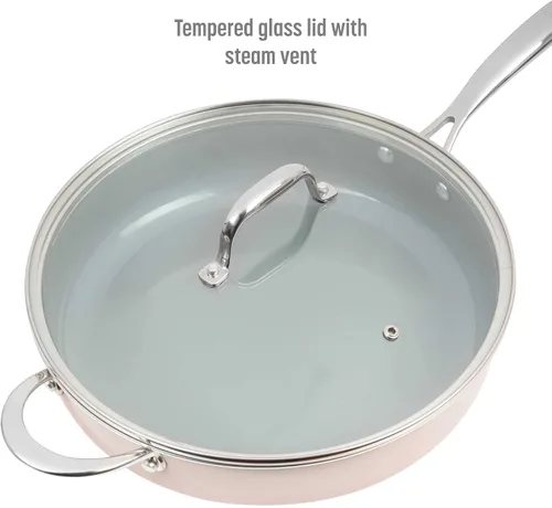 Vista 9 de Goodful Sartén de cerámica antiadherente de 4 cuartos de galón con tapa, ollas y sartenes aptas para lavavajillas, mango de acero inoxidable de Rubor