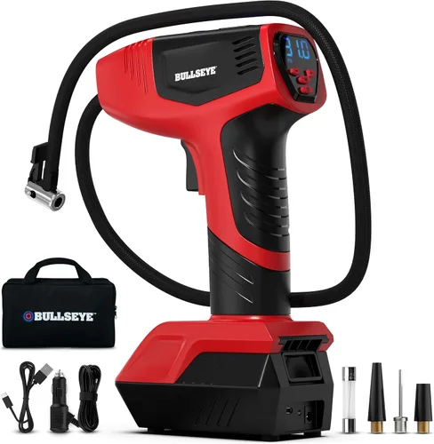 Vista 4 de BULLSEYE PRO - Inflador de neumáticos con manómetro, compacto y portátil, apagado automático, 150 PSI máximo, USB recargable para el hogar y cable